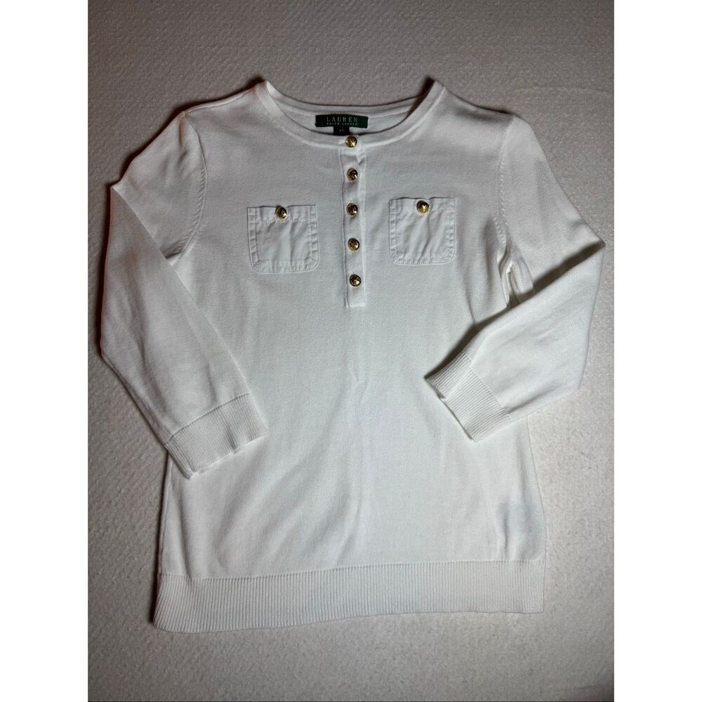 Lauren Ralph Lauren 3/4 Sleeve Knit 100% Cotton Top with Gold Buttons